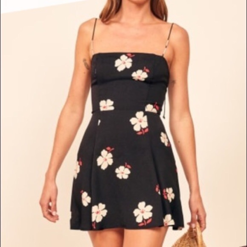 Reformation Black Floral Spaghetti-Strap Mini Dress with White & Red Flowers